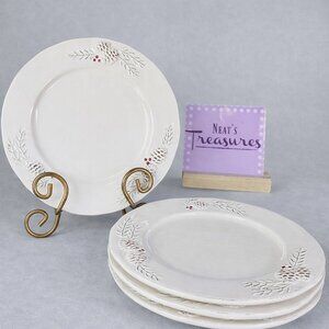KIC Brushes PINECONE Red Berries Cream Earthenware 8" Salad Snack Plates Set 4
